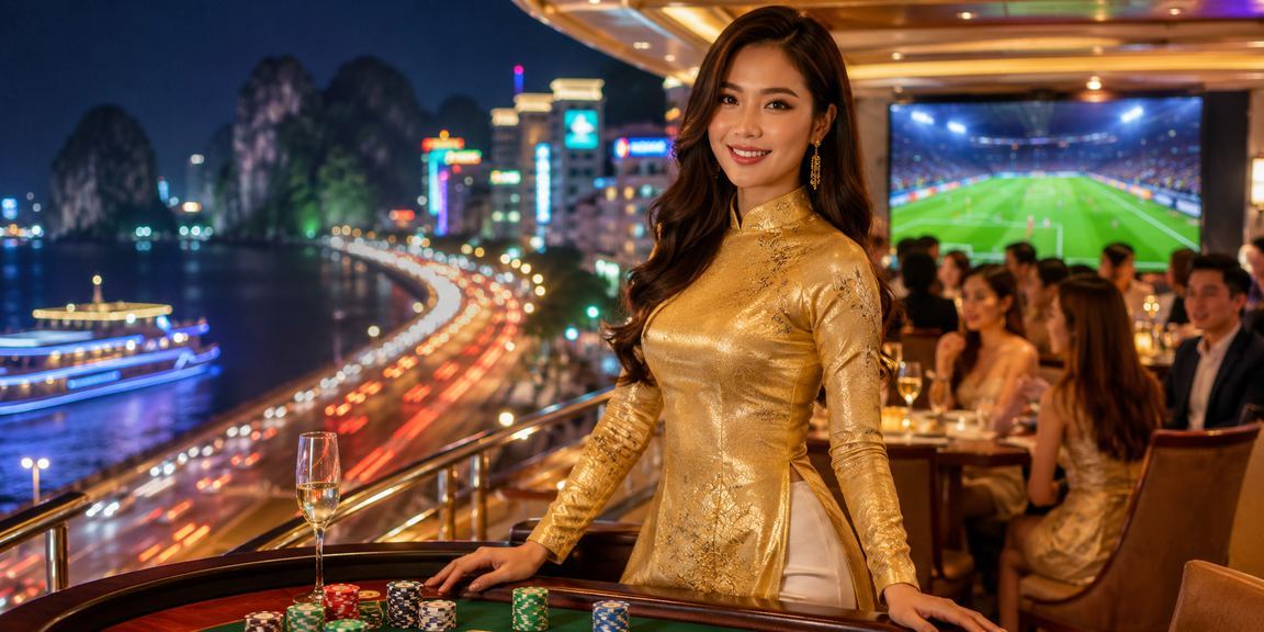 Người phụ nữ mặc áo dài xem kết quả xổ số trên điện thoại tại Hạ Long