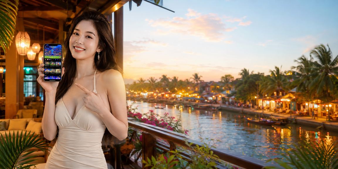 Người dùng tại Hội An dùng điện thoại chơi casino di động bên tách cà phê