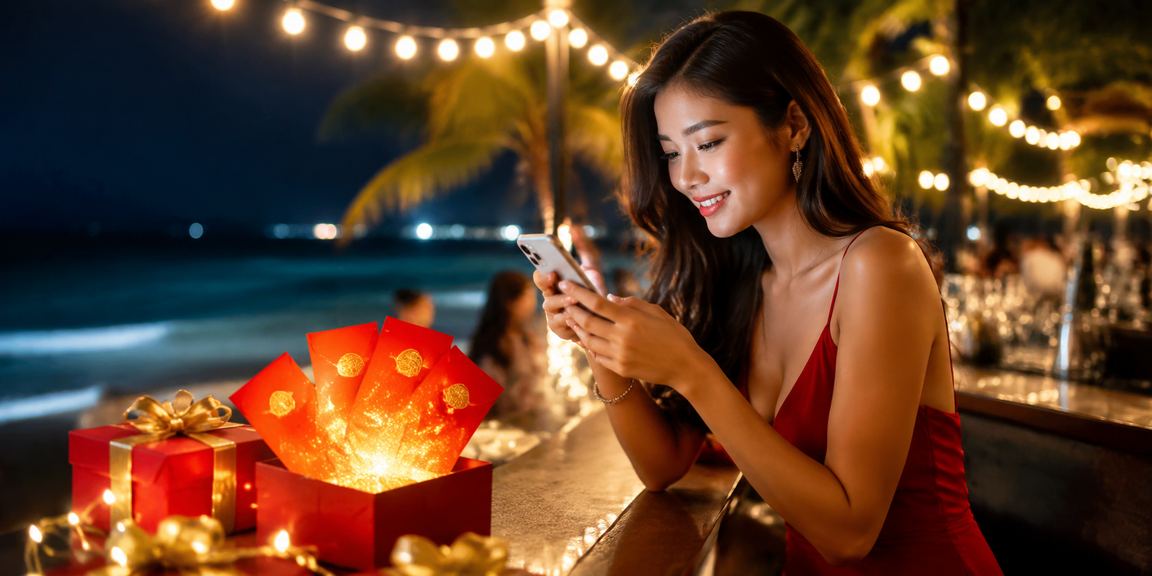 Phong bì đỏ nhận thưởng khuyến mãi tại bãi biển Phú Quốc trong dịp lễ
